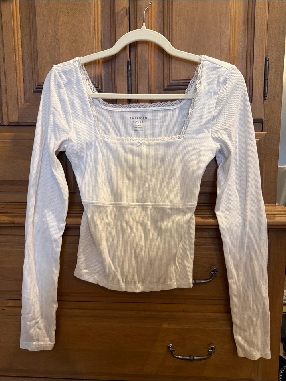 American Eagle Outfitters Cream Lace-Trim Square Neck Long Sleeve Top